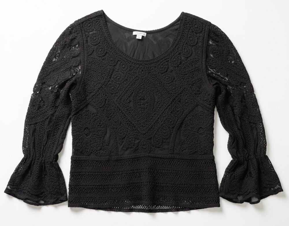 Ultra Pink Black Boho Crochet Lace Sheer Bell Sleeve Cottagecore Top Large